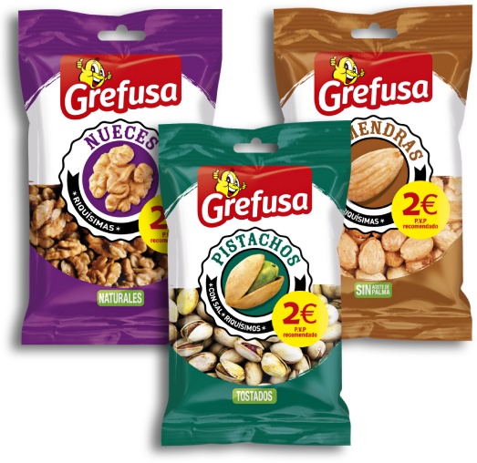 tres bolsas de frutos secos marca Grefusa (almendras, nueces y pistachos)