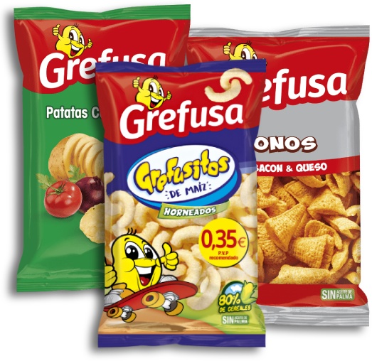 Tres bolsas de snacks Grefusa (grefusitos de maíz, patatas y conos)